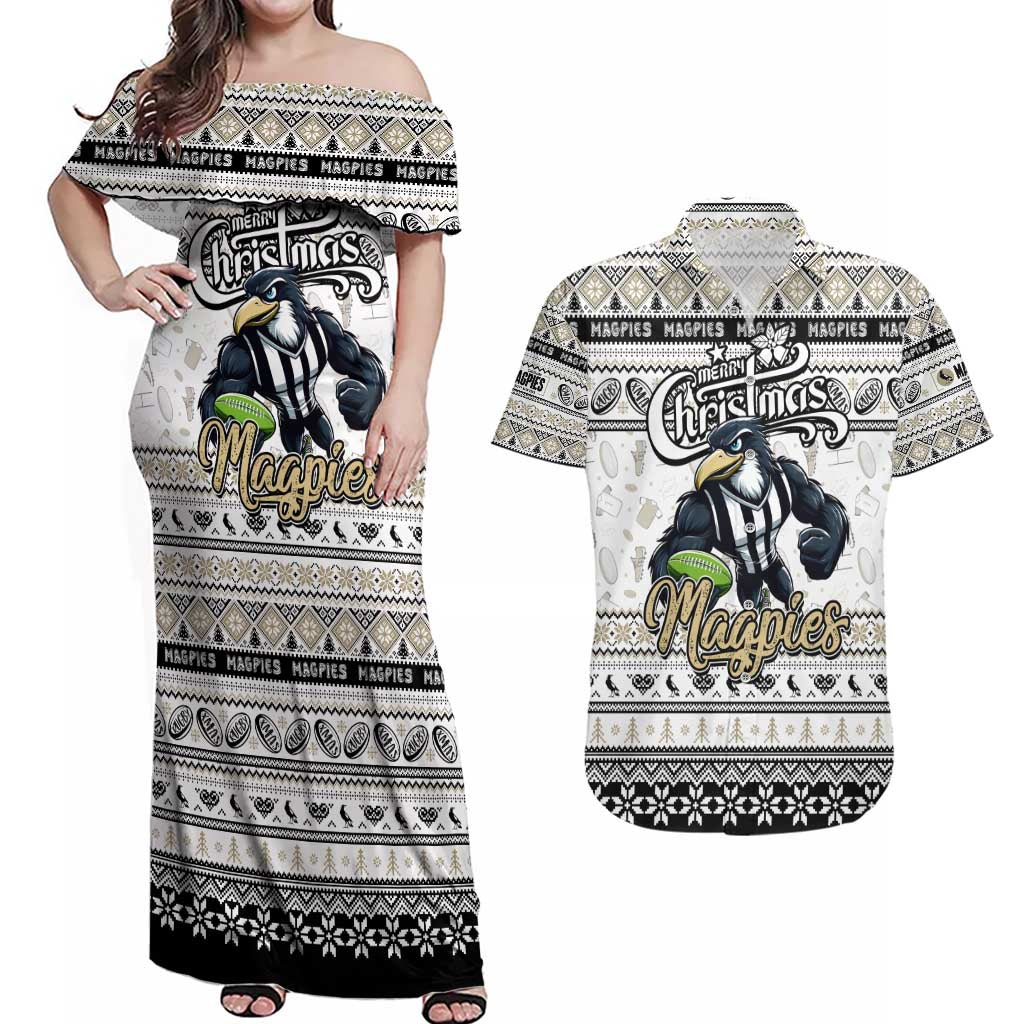 Personalized Magpies Rugby Xmas Couples Matching Off Shoulder Maxi Dress and Hawaiian Shirt Australia AFL Mascot