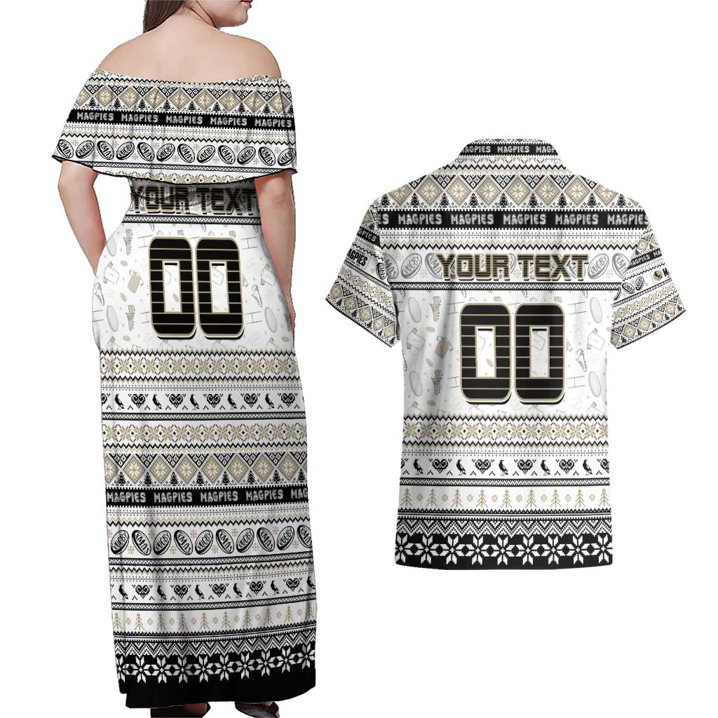 Personalized Magpies Rugby Xmas Couples Matching Off Shoulder Maxi Dress and Hawaiian Shirt Australia AFL Mascot