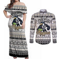 Personalized Magpies Rugby Xmas Couples Matching Off Shoulder Maxi Dress and Long Sleeve Button Shirt Australia AFL Mascot