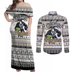 Personalized Magpies Rugby Xmas Couples Matching Off Shoulder Maxi Dress and Long Sleeve Button Shirt Australia AFL Mascot