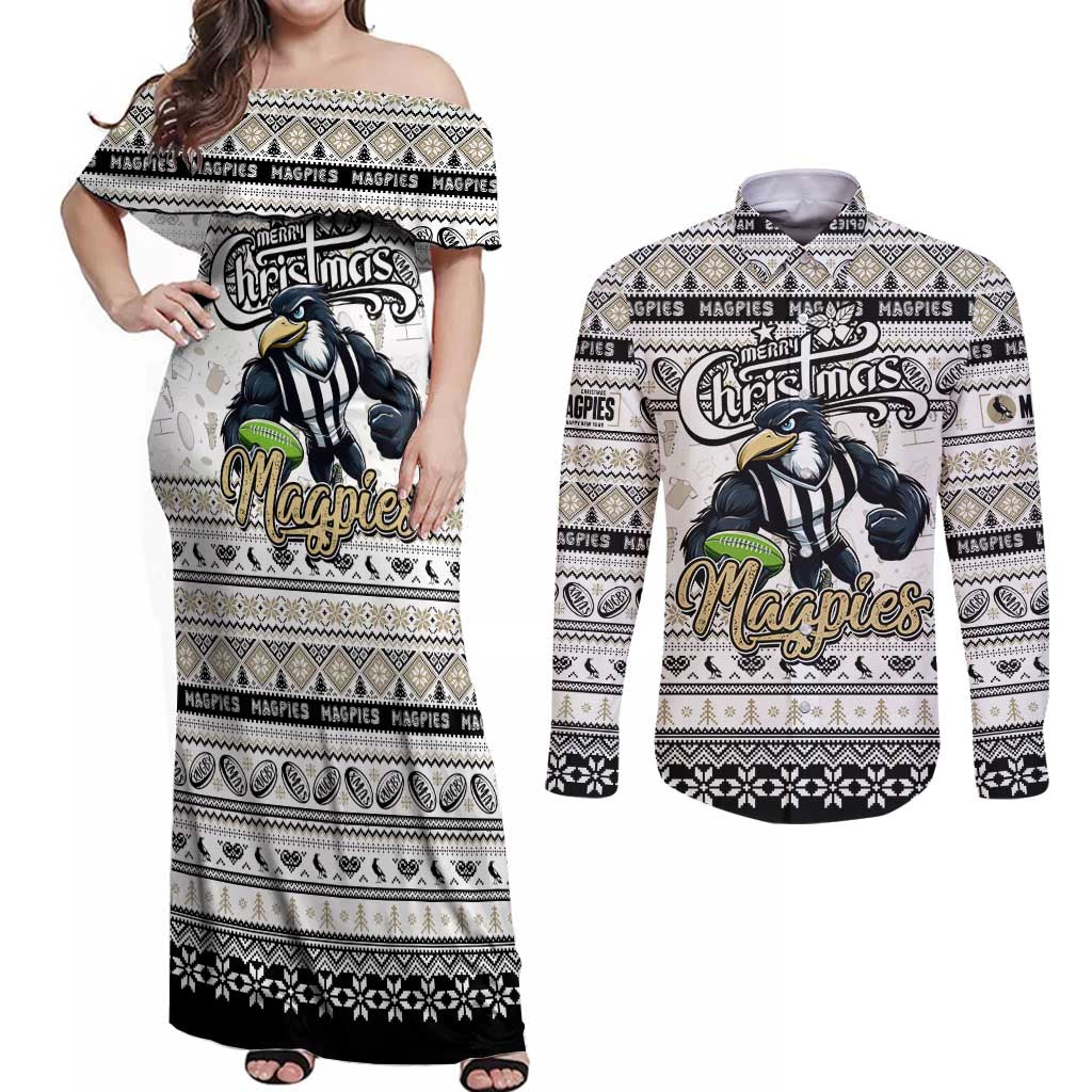 Personalized Magpies Rugby Xmas Couples Matching Off Shoulder Maxi Dress and Long Sleeve Button Shirt Australia AFL Mascot