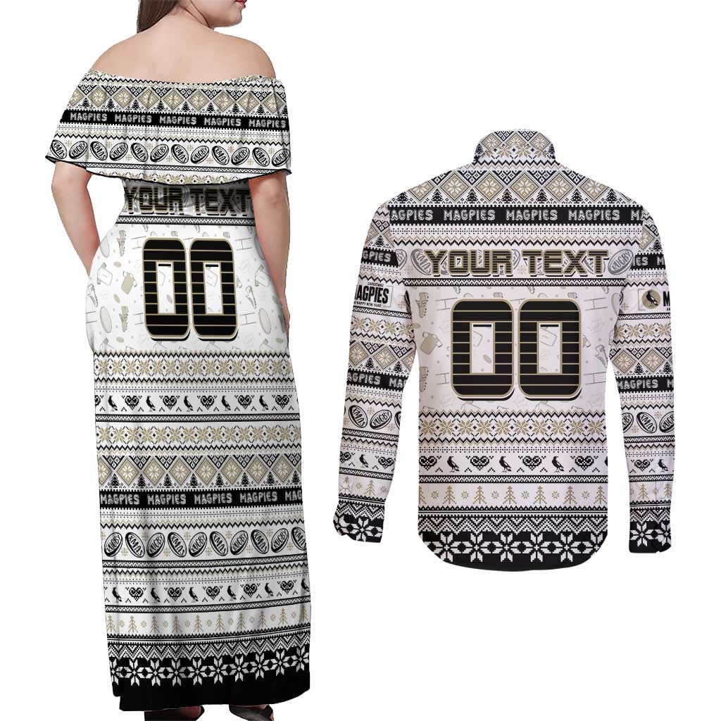 Personalized Magpies Rugby Xmas Couples Matching Off Shoulder Maxi Dress and Long Sleeve Button Shirt Australia AFL Mascot