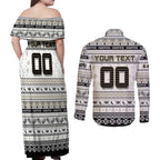 Personalized Magpies Rugby Xmas Couples Matching Off Shoulder Maxi Dress and Long Sleeve Button Shirt Australia AFL Mascot