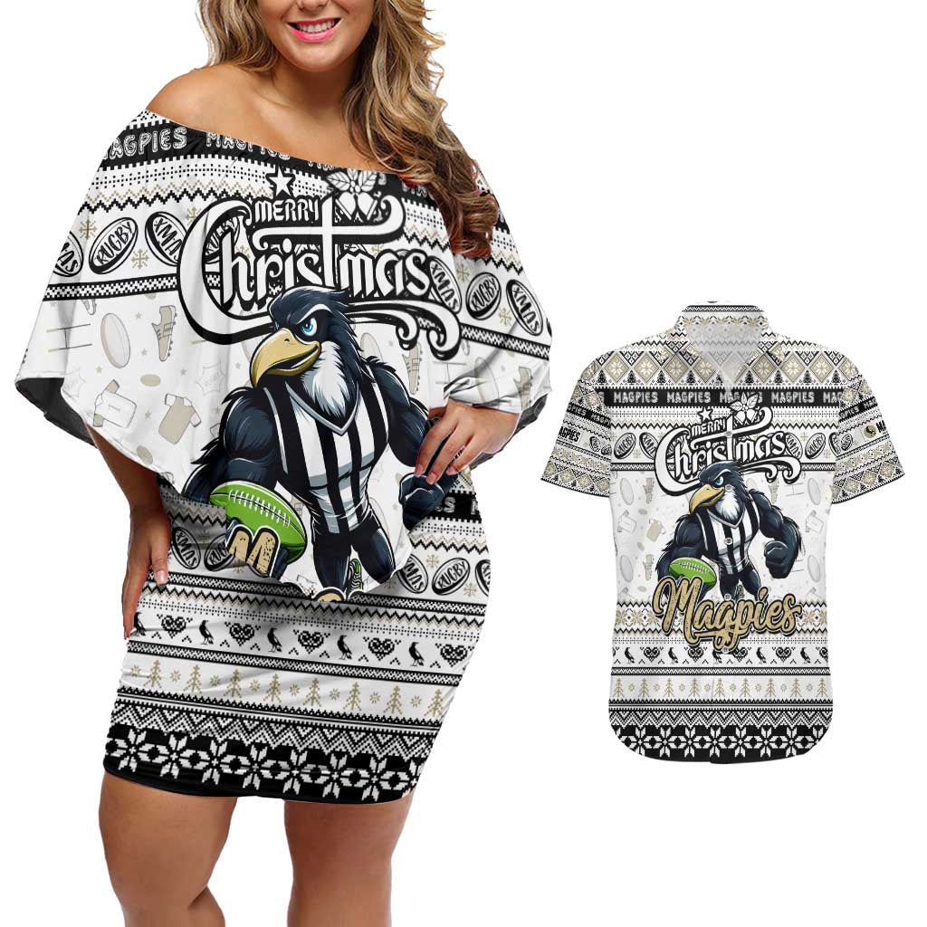 Personalized Magpies Rugby Xmas Couples Matching Off Shoulder Short Dress and Hawaiian Shirt Australia AFL Mascot