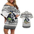 Personalized Magpies Rugby Xmas Couples Matching Off Shoulder Short Dress and Hawaiian Shirt Australia AFL Mascot