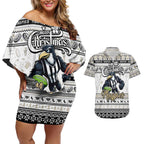 Personalized Magpies Rugby Xmas Couples Matching Off Shoulder Short Dress and Hawaiian Shirt Australia AFL Mascot