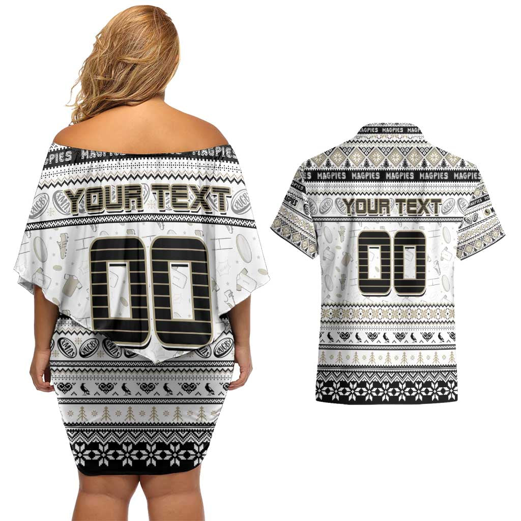 Personalized Magpies Rugby Xmas Couples Matching Off Shoulder Short Dress and Hawaiian Shirt Australia AFL Mascot
