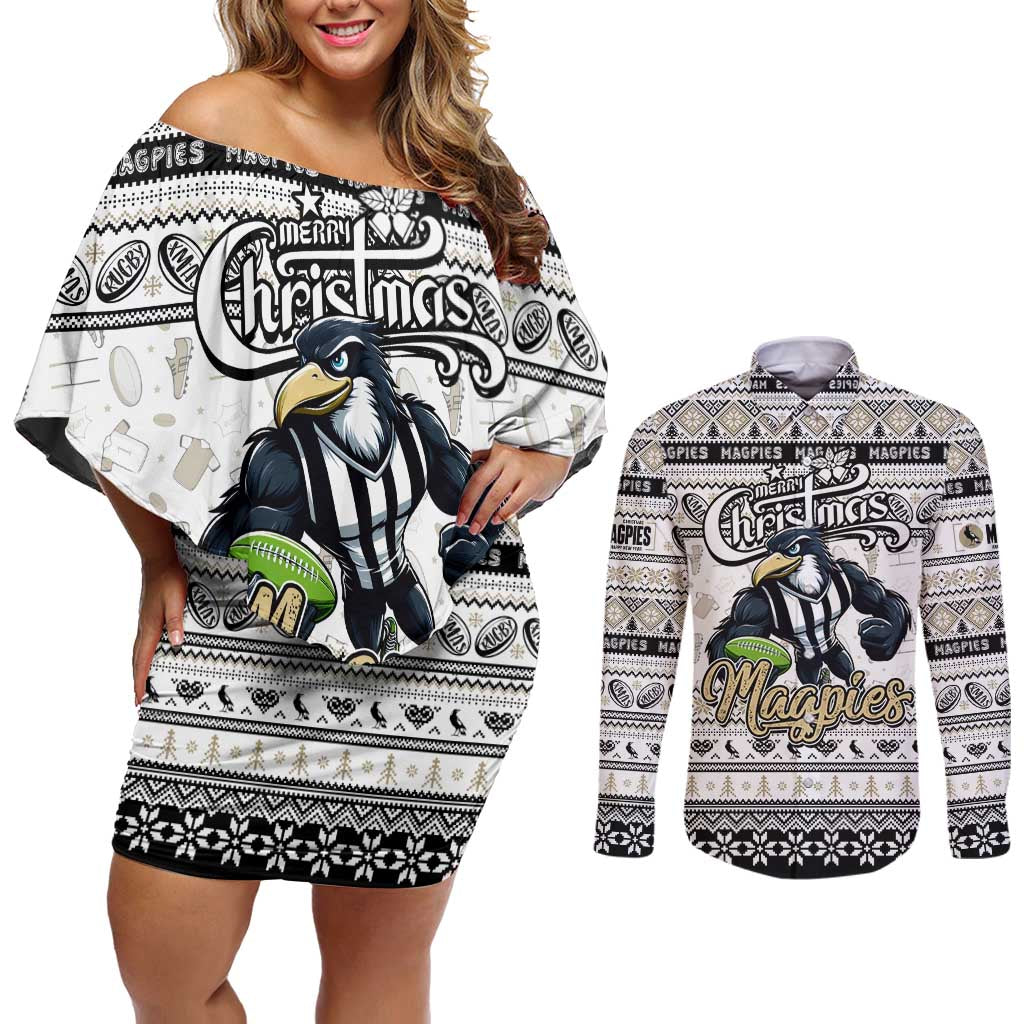 Personalized Magpies Rugby Xmas Couples Matching Off Shoulder Short Dress and Long Sleeve Button Shirt Australia AFL Mascot