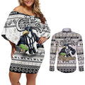 Personalized Magpies Rugby Xmas Couples Matching Off Shoulder Short Dress and Long Sleeve Button Shirt Australia AFL Mascot