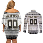 Personalized Magpies Rugby Xmas Couples Matching Off Shoulder Short Dress and Long Sleeve Button Shirt Australia AFL Mascot