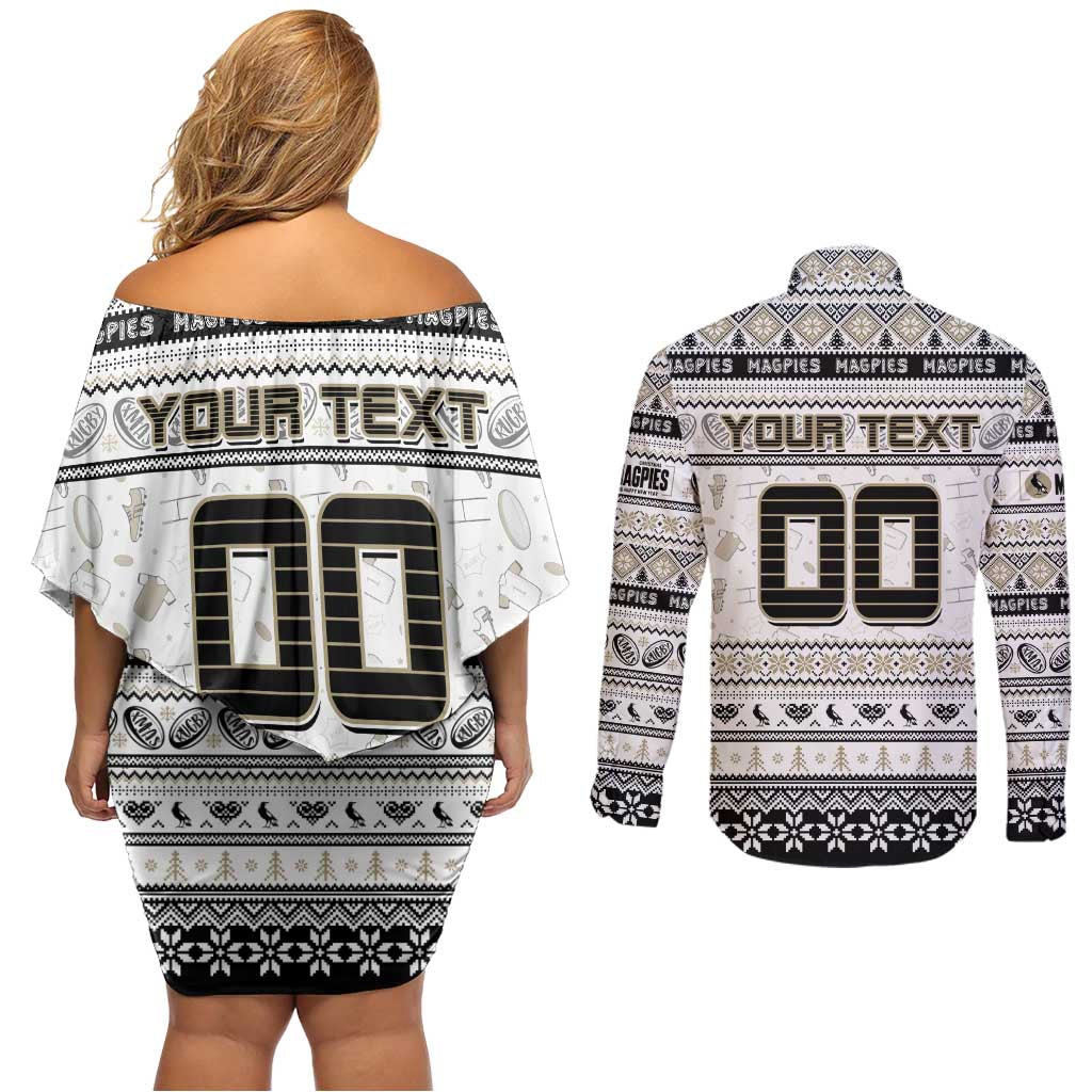 Personalized Magpies Rugby Xmas Couples Matching Off Shoulder Short Dress and Long Sleeve Button Shirt Australia AFL Mascot