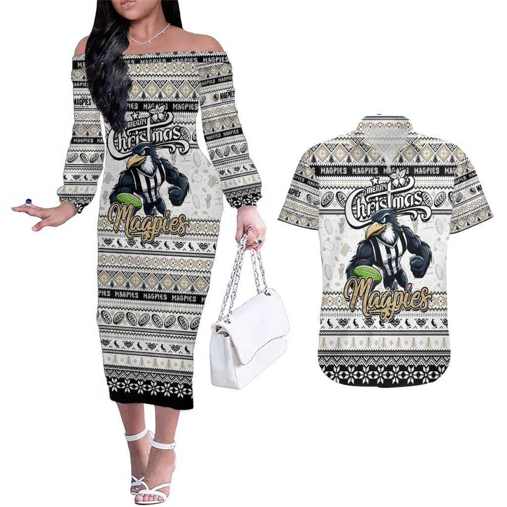 Personalized Magpies Rugby Xmas Couples Matching Off The Shoulder Long Sleeve Dress and Hawaiian Shirt Australia AFL Mascot