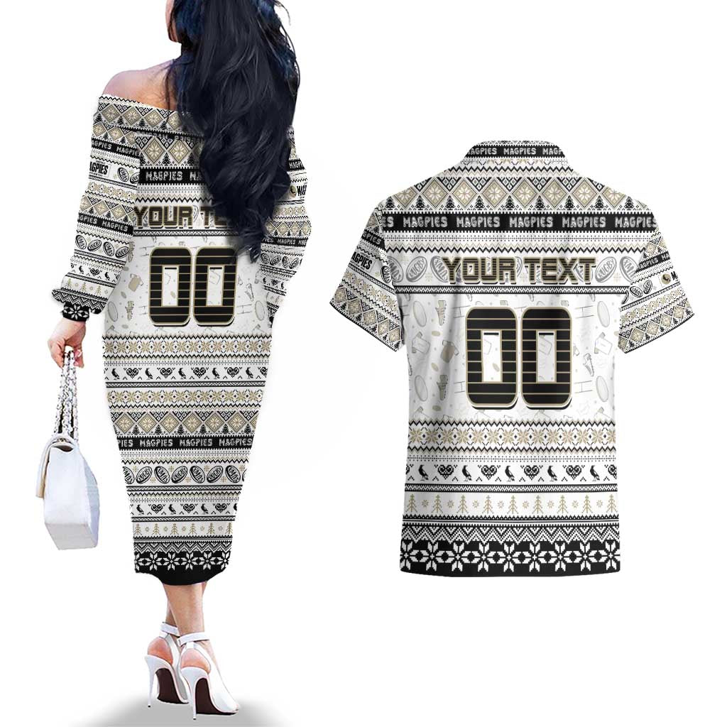 Personalized Magpies Rugby Xmas Couples Matching Off The Shoulder Long Sleeve Dress and Hawaiian Shirt Australia AFL Mascot