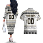 Personalized Magpies Rugby Xmas Couples Matching Off The Shoulder Long Sleeve Dress and Hawaiian Shirt Australia AFL Mascot