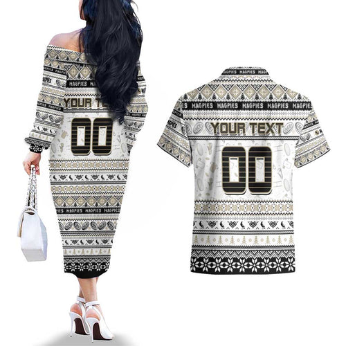 Personalized Magpies Rugby Xmas Couples Matching Off The Shoulder Long Sleeve Dress and Hawaiian Shirt Australia AFL Mascot