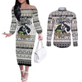 Personalized Magpies Rugby Xmas Couples Matching Off The Shoulder Long Sleeve Dress and Long Sleeve Button Shirt Australia AFL Mascot