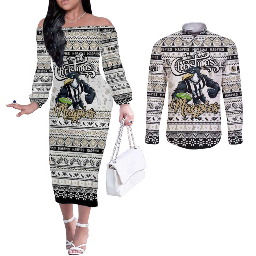 Personalized Magpies Rugby Xmas Couples Matching Off The Shoulder Long Sleeve Dress and Long Sleeve Button Shirt Australia AFL Mascot