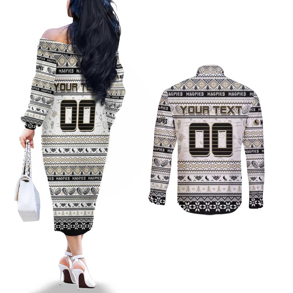 Personalized Magpies Rugby Xmas Couples Matching Off The Shoulder Long Sleeve Dress and Long Sleeve Button Shirt Australia AFL Mascot