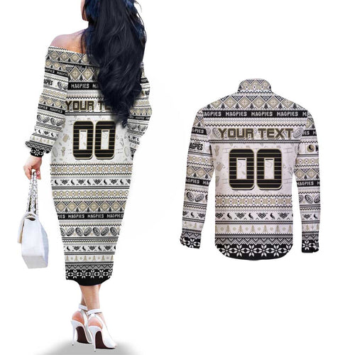 Personalized Magpies Rugby Xmas Couples Matching Off The Shoulder Long Sleeve Dress and Long Sleeve Button Shirt Australia AFL Mascot