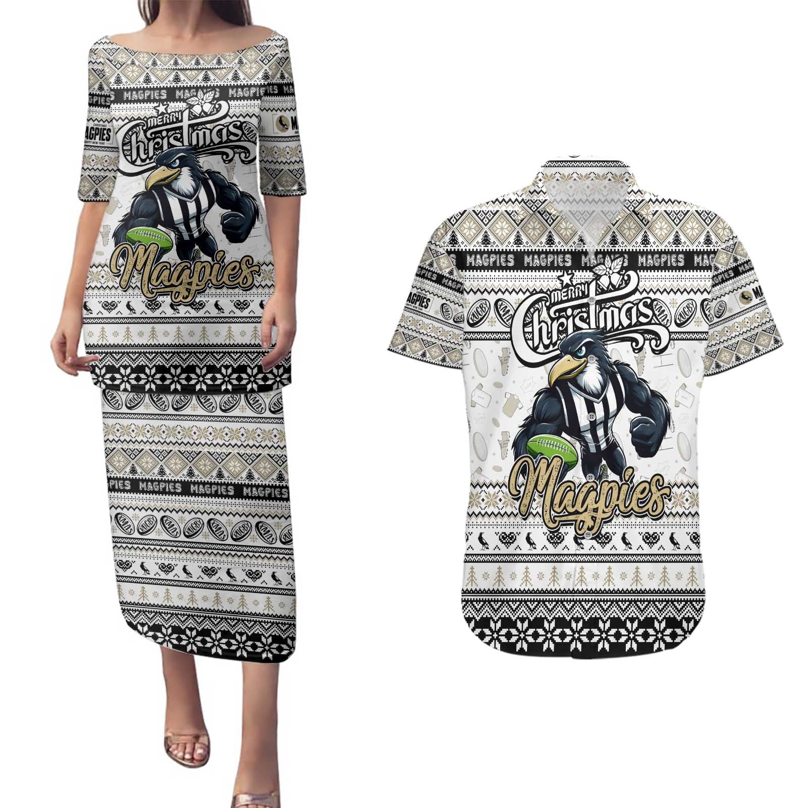 Personalized Magpies Rugby Xmas Couples Matching Puletasi and Hawaiian Shirt Australia AFL Mascot