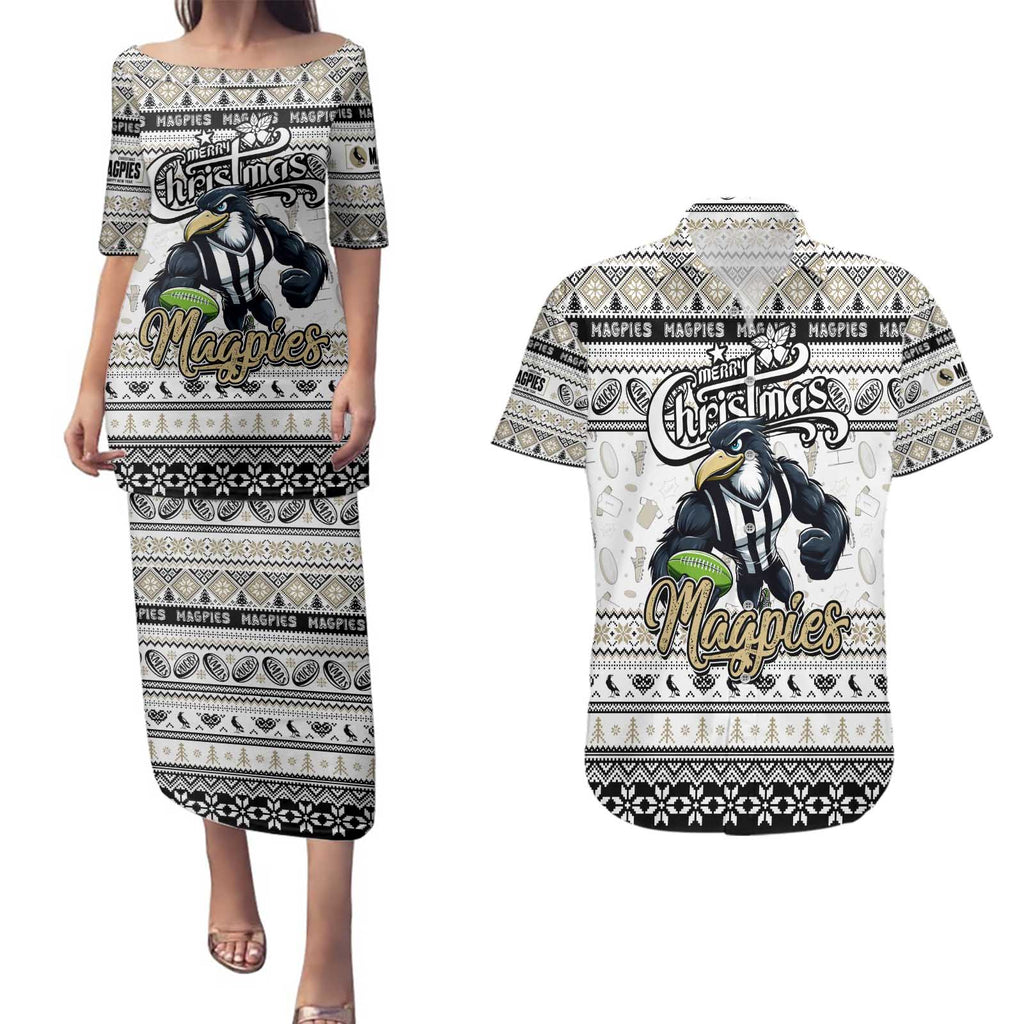 Personalized Magpies Rugby Xmas Couples Matching Puletasi and Hawaiian Shirt Australia AFL Mascot