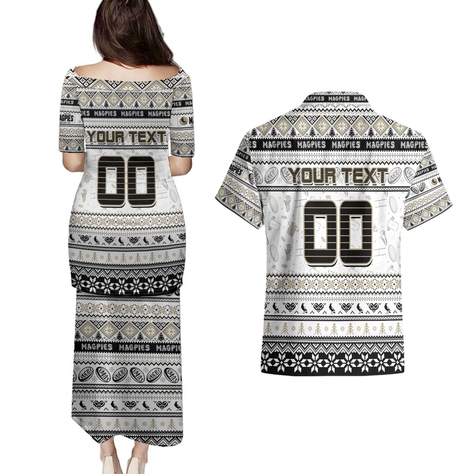 Personalized Magpies Rugby Xmas Couples Matching Puletasi and Hawaiian Shirt Australia AFL Mascot