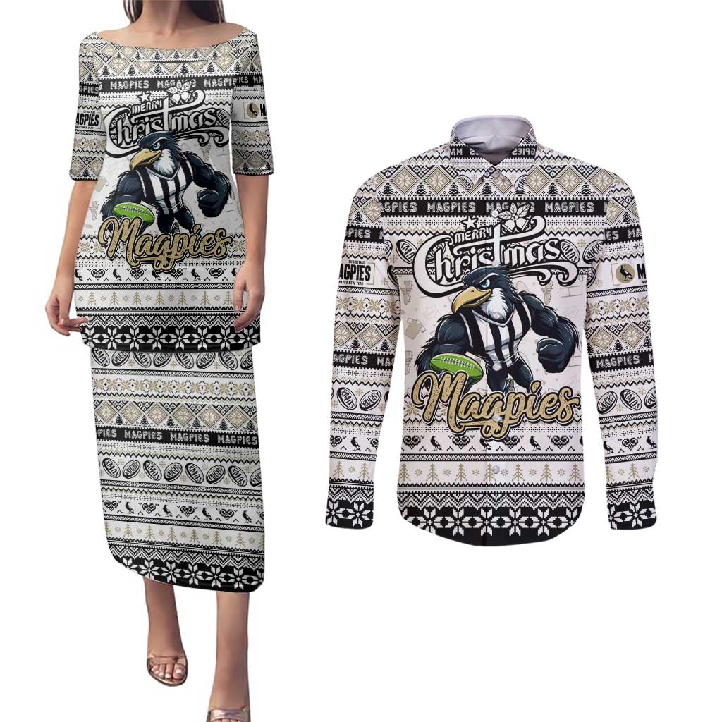 Personalized Magpies Rugby Xmas Couples Matching Puletasi and Long Sleeve Button Shirt Australia AFL Mascot