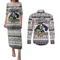 Personalized Magpies Rugby Xmas Couples Matching Puletasi and Long Sleeve Button Shirt Australia AFL Mascot