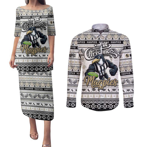 Personalized Magpies Rugby Xmas Couples Matching Puletasi and Long Sleeve Button Shirt Australia AFL Mascot