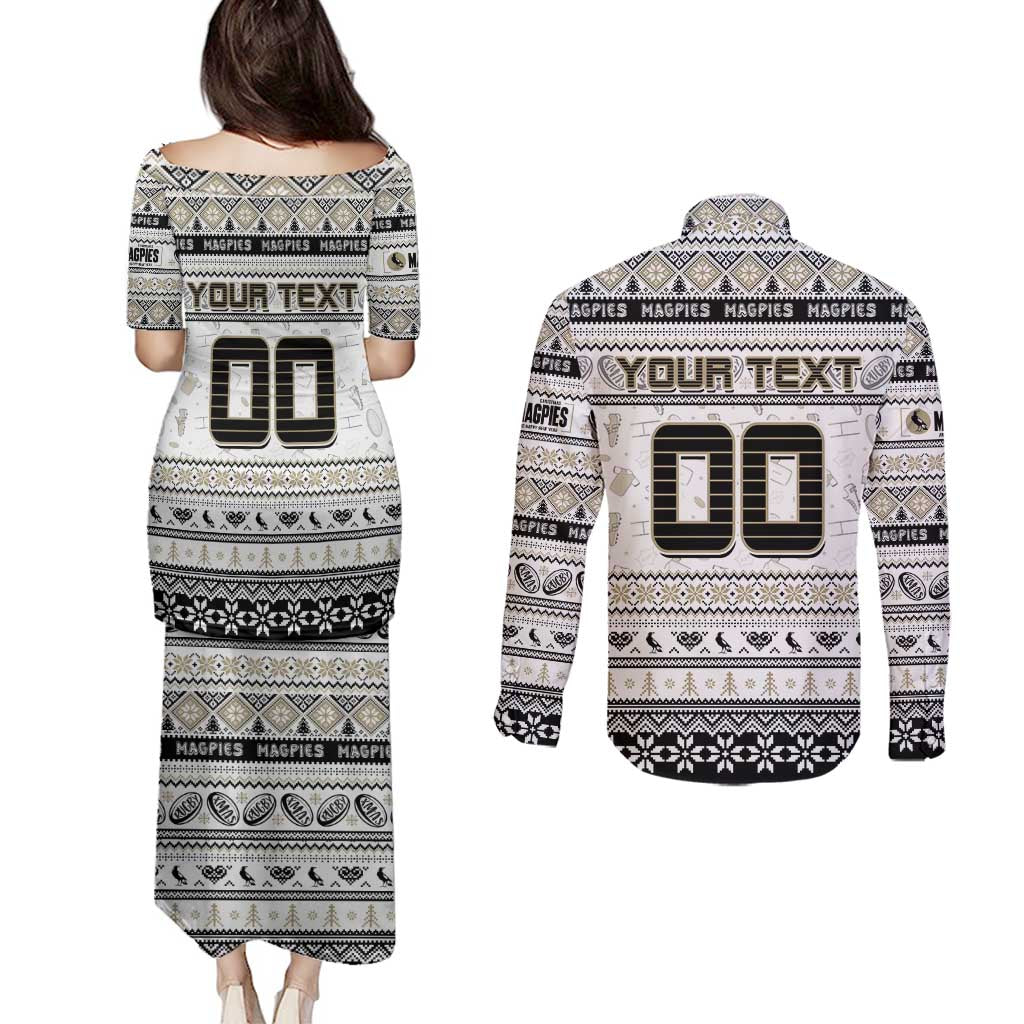 Personalized Magpies Rugby Xmas Couples Matching Puletasi and Long Sleeve Button Shirt Australia AFL Mascot