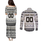 Personalized Magpies Rugby Xmas Couples Matching Puletasi and Long Sleeve Button Shirt Australia AFL Mascot