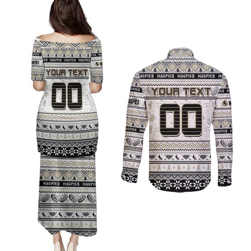 Personalized Magpies Rugby Xmas Couples Matching Puletasi and Long Sleeve Button Shirt Australia AFL Mascot