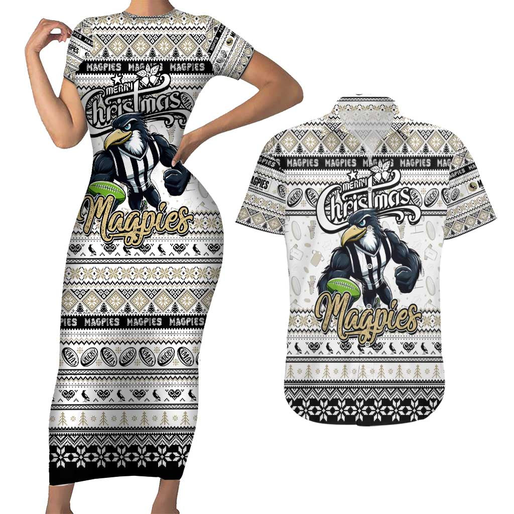Personalized Magpies Rugby Xmas Couples Matching Short Sleeve Bodycon Dress and Hawaiian Shirt Australia AFL Mascot
