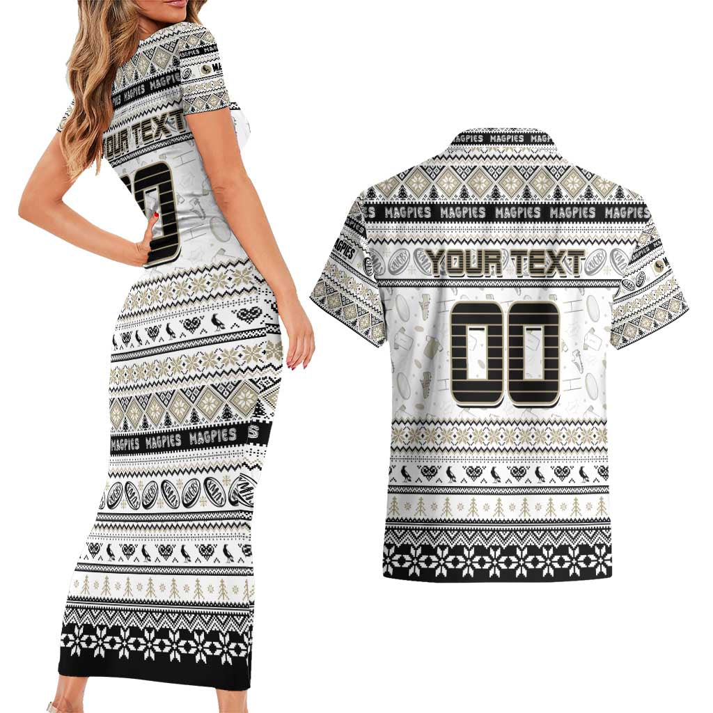 Personalized Magpies Rugby Xmas Couples Matching Short Sleeve Bodycon Dress and Hawaiian Shirt Australia AFL Mascot