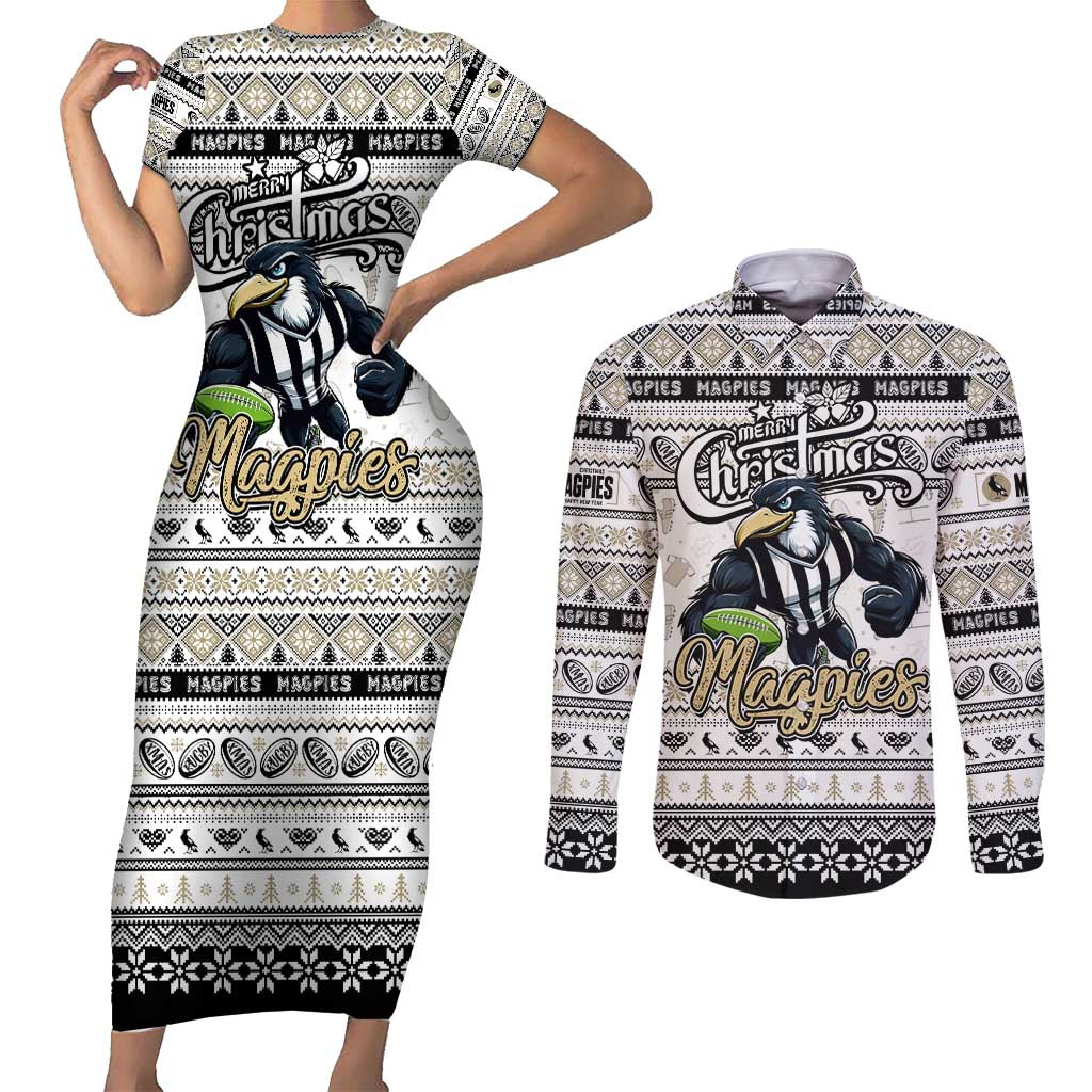 Personalized Magpies Rugby Xmas Couples Matching Short Sleeve Bodycon Dress and Long Sleeve Button Shirt Australia AFL Mascot