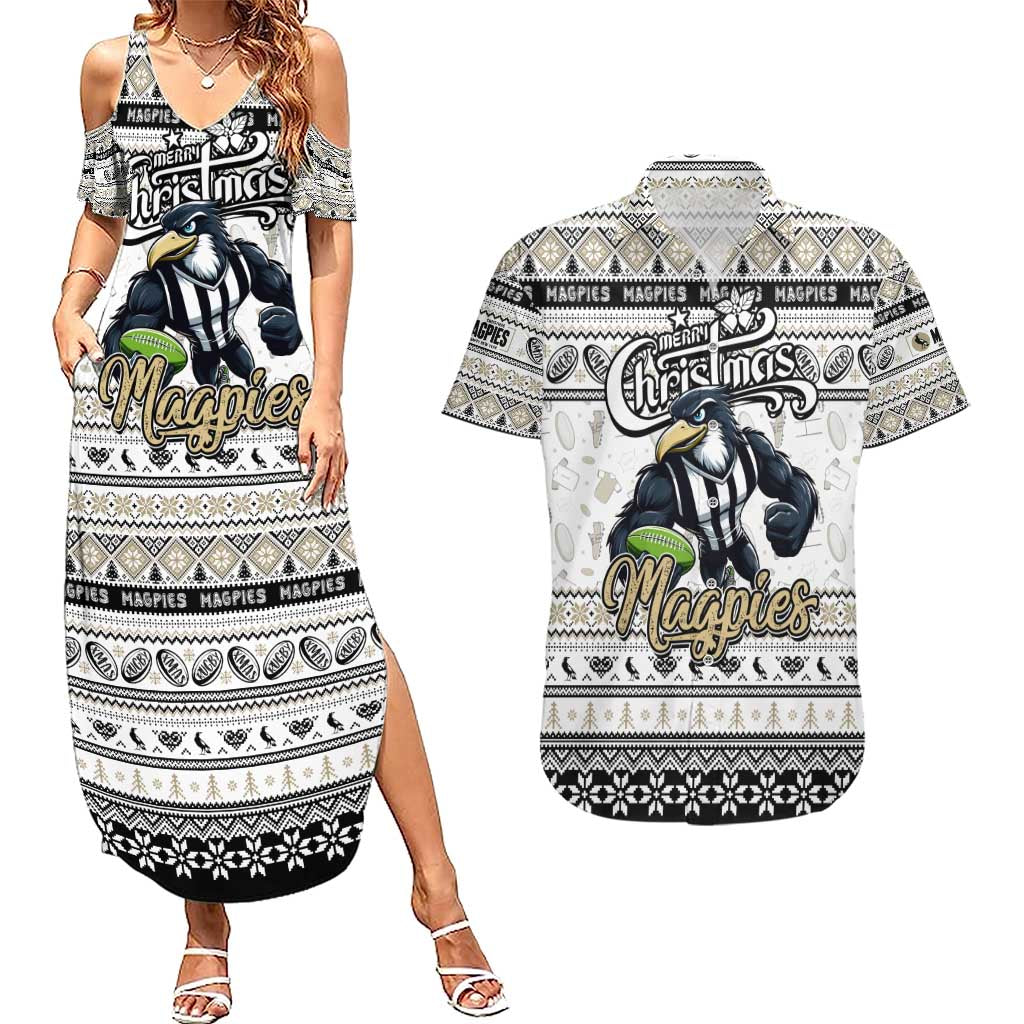 Personalized Magpies Rugby Xmas Couples Matching Summer Maxi Dress and Hawaiian Shirt Australia AFL Mascot
