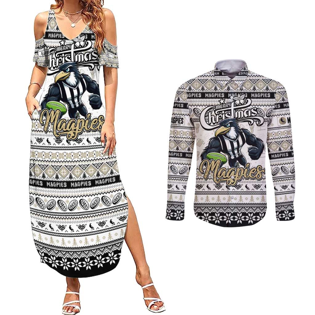 Personalized Magpies Rugby Xmas Couples Matching Summer Maxi Dress and Long Sleeve Button Shirt Australia AFL Mascot