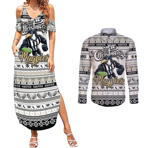 Personalized Magpies Rugby Xmas Couples Matching Summer Maxi Dress and Long Sleeve Button Shirt Australia AFL Mascot