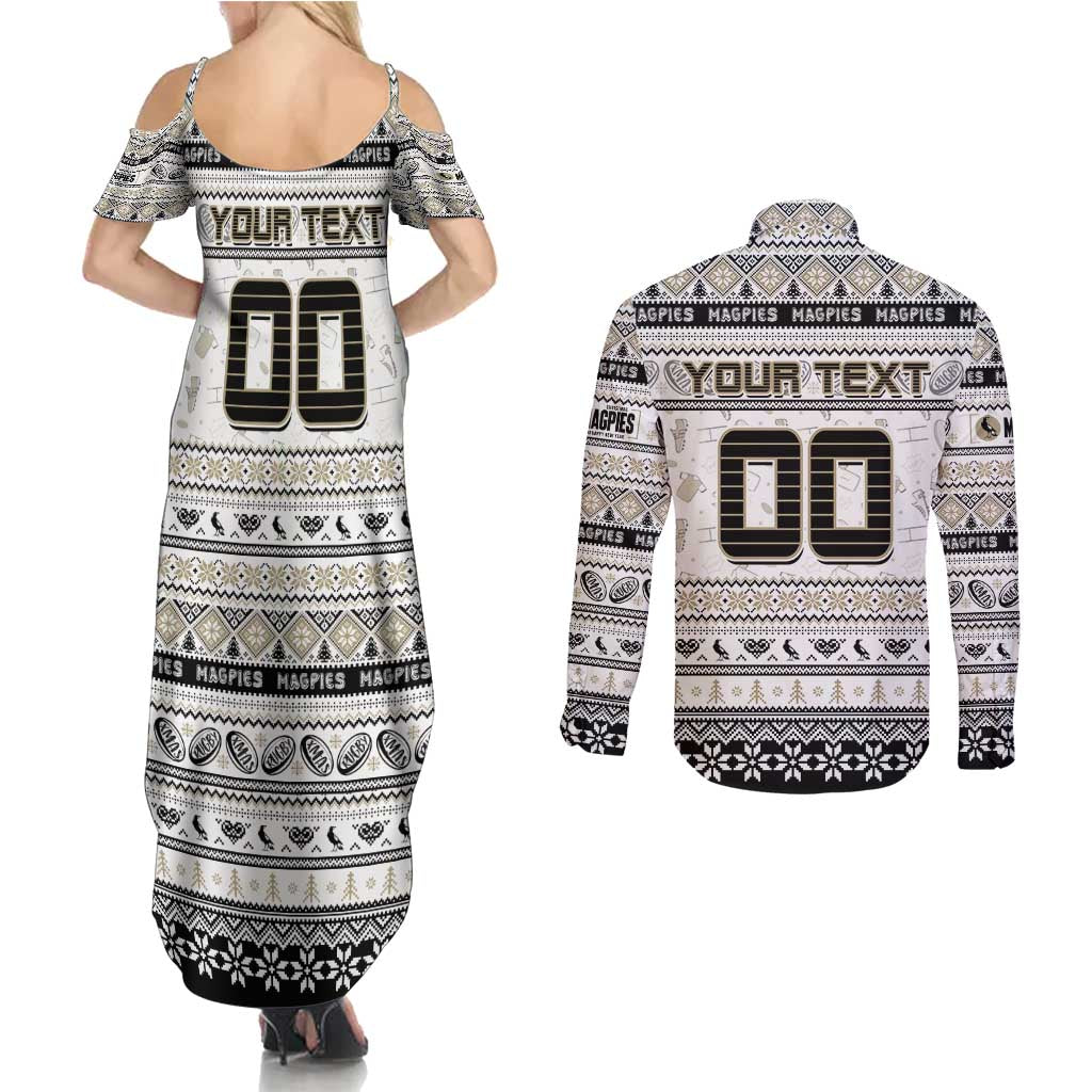 Personalized Magpies Rugby Xmas Couples Matching Summer Maxi Dress and Long Sleeve Button Shirt Australia AFL Mascot
