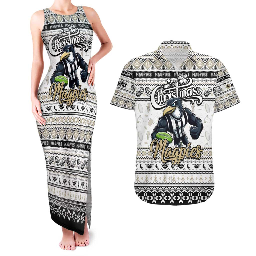 Personalized Magpies Rugby Xmas Couples Matching Tank Maxi Dress and Hawaiian Shirt Australia AFL Mascot