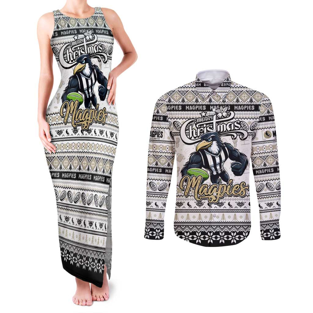 Personalized Magpies Rugby Xmas Couples Matching Tank Maxi Dress and Long Sleeve Button Shirt Australia AFL Mascot