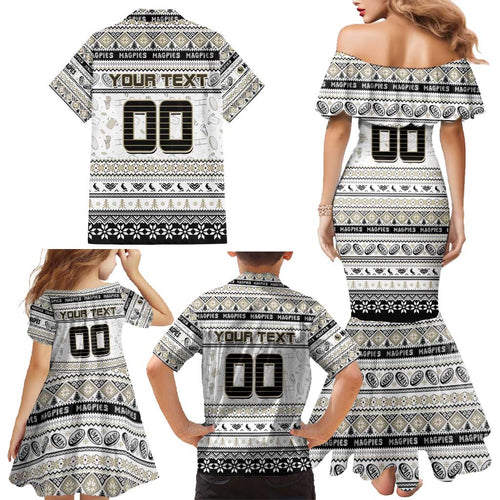 Personalized Magpies Rugby Xmas Family Matching Mermaid Dress and Hawaiian Shirt Australia AFL Mascot