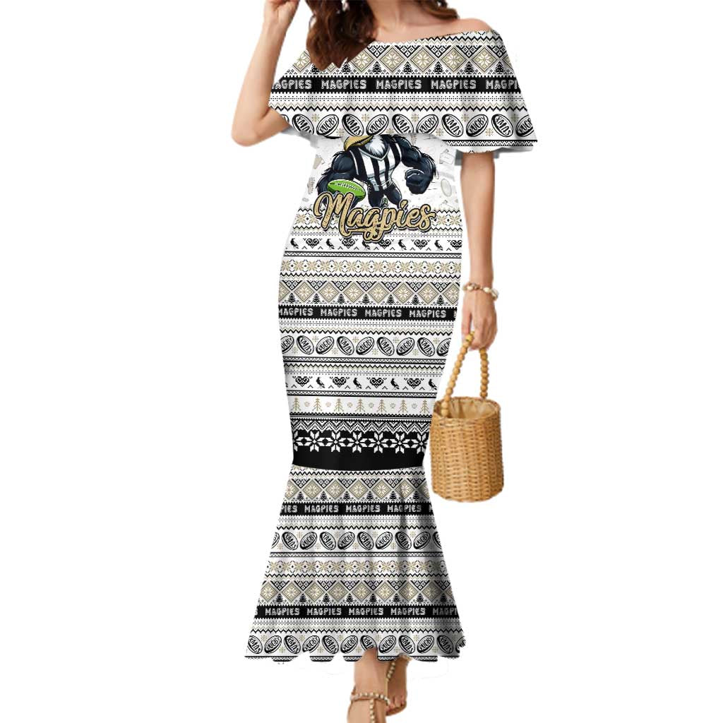 Personalized Magpies Rugby Xmas Family Matching Mermaid Dress and Hawaiian Shirt Australia AFL Mascot