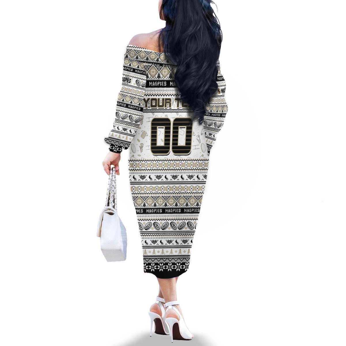 Personalized Magpies Rugby Xmas Family Matching Off The Shoulder Long Sleeve Dress and Hawaiian Shirt Australia AFL Mascot