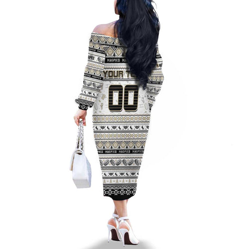 Personalized Magpies Rugby Xmas Family Matching Off The Shoulder Long Sleeve Dress and Hawaiian Shirt Australia AFL Mascot