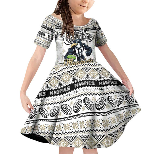 Personalized Magpies Rugby Xmas Family Matching Off Shoulder Short Dress and Hawaiian Shirt Australia AFL Mascot