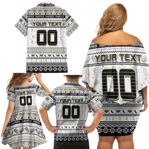 Personalized Magpies Rugby Xmas Family Matching Off Shoulder Short Dress and Hawaiian Shirt Australia AFL Mascot