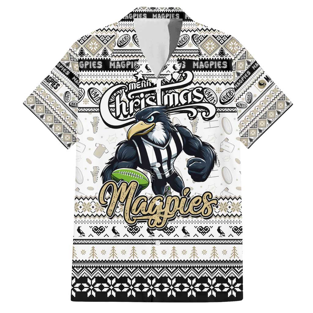 Personalized Magpies Rugby Xmas Family Matching Off Shoulder Short Dress and Hawaiian Shirt Australia AFL Mascot