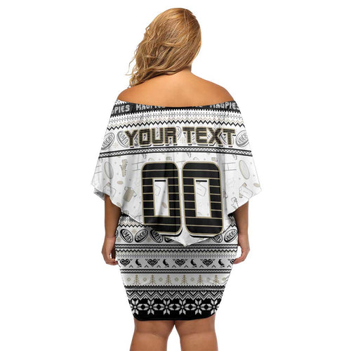 Personalized Magpies Rugby Xmas Family Matching Off Shoulder Short Dress and Hawaiian Shirt Australia AFL Mascot
