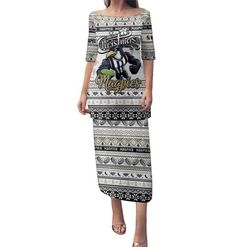 Personalized Magpies Rugby Xmas Family Matching Puletasi and Hawaiian Shirt Australia AFL Mascot